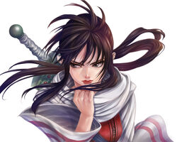  black_eyes black_hair breasts closed_mouth commentary_request eyelashes female floating_hair highres holding holding_clothes holding_scarf kingdom_(series) kyoukai_(kingdom) lips long_hair long_sleeves looking_away low_ponytail medium_breasts ponytail red_lips robe scarf sidelocks sideways_glance simple_background sword sword_behind_back tsurime upper_body v-shaped_eyebrows weapon white_scarf yosui 