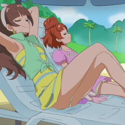  2girls amanogawa_kirara armpits aroma_(go!_princess_precure) beach brown_hair chair closed_eyes crossed_legs day dress earrings go!_princess_precure haruno_haruka haruyama_kazunori jewelry long_hair long_legs lounge_chair multicolored_clothes multicolored_dress multiple_girls panties pantyshot precure puff_(go!_princess_precure) red_hair short_hair shorts sitting smile star_(symbol) star_earrings underwear yellow_panties yellow_shorts 