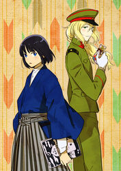  2boys altessimo_(idolmaster) black_hair blonde_hair blue_eyes book commentary_request gloves green_eyes hakama hakama_pants holding holding_book idolmaster idolmaster_side-m japanese_clothes kagura_rei kimono looking_at_viewer male_focus military military_uniform multiple_boys pants parted_lips photoshop_(medium) ponytail shosei tsuzuki_kei uniform white_gloves yagasuri youhe_hino 