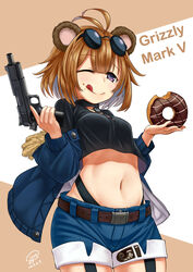  ;q absurdres aged_down animal_ears bear_girl brown_hair chinese_commentary commentary_request doughnut eyewear_on_head female food food_on_face girls&#039;_frontline grizzly_mkv_(girls&#039;_frontline) grizzly_mkv_(teddy_transform!)_(girls&#039;_frontline) grizzly_win_mag gun handgun highres jacket jpc midriff navel official_alternate_costume one_eye_closed short_hair shorts solo sunglasses tongue tongue_out trigger_discipline weapon 