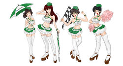  4girls akiyama_yoshiko blue_eyes brown_eyes brown_hair checkered_flag chouno_ami closed_umbrella commentary_request crop_top flag garrison_cap girls_und_panzer hat highres isuzu_yuri long_hair matsui_yasutsugu mature_female midriff multiple_girls nishizumi_shiho pacific_racing_team photoshop_(medium) pom_pom_(cheerleading) race_queen short_hair standing thighhighs umbrella 