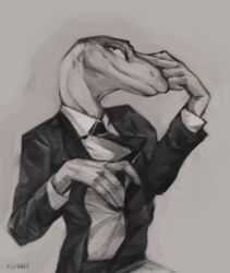  2018 anthro biped clothed clothing digital_media_(artwork) fingers front_view grey_background greyscale half-length_portrait iris klongi lizard male monochrome necktie no_sclera portrait pupils reptile scalie signature simple_background slit_pupils snout solo spoctor_theory suit 