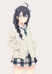  &gt;:( ahoge bad_id bad_pixiv_id black_eyes black_hair blush braid cardigan female frown genderswap_(mtf) hands_in_pockets hikigaya_hachiman inui_sanagi long_hair long_sleeves photoshop_(medium) plaid plaid_skirt pleated_skirt rule_63 school_uniform single_braid skirt sobu_high_school_uniform solo v-shaped_eyebrows yahari_ore_no_seishun_lovecome_wa_machigatteiru. 