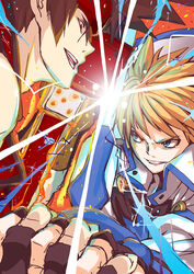  2boys battle blonde_hair blue_eyes brown_hair clash commentary_request fingerless_gloves forehead_protector gloves grin guilty_gear highres ky_kiske multiple_boys noraico photoshop_(medium) red_eyes short_hair smile sol_badguy sparks sword weapon 