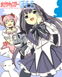  2girls :d ^_^ akemi_homura akemi_homura_(cosplay) akemi_homura_(magical_girl) black_hair blue_eyes camcorder cardcaptor_sakura clamp_(circle)_(style) closed_eyes commentary_request cosplay daidouji_tomoyo edoya_inuhachi fujita_mariko_(style) fusion gloves hand_on_own_cheek hand_on_own_face kaname_madoka kaname_madoka_(cosplay) kaname_madoka_(magical_girl) kero_(cardcaptor_sakura) kinomoto_sakura kyubey_(cosplay) kyuubee long_hair mahou_shoujo_madoka_magica mahou_shoujo_madoka_magica_(anime) multiple_girls open_mouth pantyhose parody pink_hair short_hair smile style_parody twintails video_camera white_gloves 