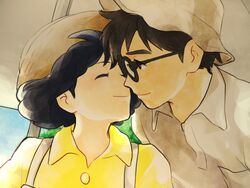  1boy black_hair brown_hair closed_eyes commentary_request couple female glasses hat hk_(nt) horikoshi_jirou imminent_kiss kaze_tachinu long_hair satomi_naoko short_hair straight studio_ghibli 