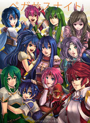  6+girls :d :p ;d ;o ahoge aiguillette armor armored_dress artist_name belt belt_buckle blue_dress blue_eyes blue_gloves blue_hair blush bracelet braid breastplate breasts brown_eyes brown_hair buckle caeda_(fire_emblem) cape catria_(fire_emblem) choker cleavage closed_mouth collarbone commentary dress elbow_gloves english_commentary erinys_(fire_emblem) est_(fire_emblem) eyebrows feather_hair_ornament feathers fingerless_gloves fire_emblem fire_emblem:_genealogy_of_the_holy_war fire_emblem:_mystery_of_the_emblem fire_emblem:_new_mystery_of_the_emblem fire_emblem:_path_of_radiance fire_emblem:_radiant_dawn fire_emblem:_shadow_dragon fire_emblem:_shadow_dragon_and_the_blade_of_light fire_emblem:_the_binding_blade fire_emblem:_the_blazing_blade fire_emblem:_the_sacred_stones fire_emblem_awakening fire_emblem_fates florina_(fire_emblem) flower gloves green_eyes green_gloves green_hair gzei hair_between_eyes hair_ornament hand_on_another&#039;s_head hand_on_own_cheek hand_on_own_face headband highres hinoka_(fire_emblem) holding_hands huf interlocked_fingers jewelry leaning_on_person long_hair looking_at_viewer marcia_(fire_emblem) medium_breasts multiple_girls one_eye_closed open_mouth own_hands_clasped own_hands_together palla_(fire_emblem) partially_fingerless_gloves pauldrons pegasus_knight_uniform_(fire_emblem) photoshop_(medium) pink_hair polearm ponytail purple_hair red_eyes red_hair round_teeth shanna_(fire_emblem) short_hair shoulder_armor shoulder_pads siblings side_braid sidelocks sisters skirt sleeves_rolled_up smile smirk sumia_(fire_emblem) tana_(fire_emblem) teeth tongue tongue_out translated twin_braids upper_body v watermark weapon white_gloves 