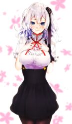  alternate_costume blue_eyes commentary cosplay dagashi_kashi dress female floral_background flower hair_flower hair_ornament hands_on_own_chest highres kantai_collection kashima_(kancolle) magai_akashi pantyhose shidare_hotaru shidare_hotaru_(cosplay) solo twintails white_hair 