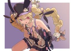  american_dog_wo assault_rifle bare_shoulders black_gloves black_hat black_skirt blonde_hair braid buttons closed_mouth collarbone collared_shirt commentary_request female fingerless_gloves fingernails girls&#039;_frontline gloves gun hair_between_eyes hair_ornament hat highres holding holding_gun holding_weapon long_hair looking_at_viewer miniskirt name_connection navel necktie object_namesake open_clothes open_shirt open_vest pink_eyes pleated_skirt purple_necktie purple_vest rifle shirt short_necktie skirt sleeveless sleeveless_shirt smile solo sr-3mp sr-3mp_(girls&#039;_frontline) tongue tongue_out twin_braids unbuttoned unbuttoned_shirt very_long_hair vest weapon white_shirt 