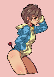  absurdres ass bell brown_hair collar cosplay cowboy_shot doraemon doraemon_(character) doraemon_(character)_(cosplay) female fengmo glasses hand_in_pocket hand_on_own_head highres hood hoodie jingle_bell lips looking_at_viewer looking_to_the_side neck_bell original photoshop_(medium) pink_background profile short_hair simple_background solo 