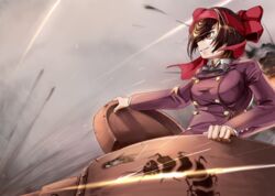  bad_id bad_pixiv_id brown_eyes brown_hair commentary explosion female fire girls_und_panzer girls_und_panzer_ribbon_no_musha hatch military military_vehicle mole mole_under_eye motor_vehicle nine_(kanine41) red_ribbon ribbon ricocheting school_uniform short_hair smirk smoke solo tank tank_turret tatenashi_high_school_uniform tsuruki_shizuka type_97_te-ke 