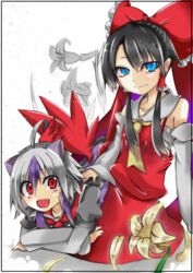  2girls ahoge alternate_eye_color bad_id bad_pixiv_id bare_shoulders black_border black_hair blue_eyes border bow chest_sarashi closed_mouth detached_sleeves fingernails floral_background flower frilled_bow frills grey_hair hair_tubes hairbow hakurei_reimu half_updo hand_on_another&#039;s_back head_wings highres horns layered_sleeves light_smile lily_(flower) long_sleeves looking_at_viewer lying lying_on_lap multicolored_hair multiple_girls oerba_yun_fang on_lap on_stomach open_mouth oshino_hazure puffy_short_sleeves puffy_sleeves purple_hair purple_horns red_bow red_eyes red_nails sarashi sharp_fingernails short_over_long_sleeves short_sleeves single_head_wing single_wing skin_fang smile tokiko_(touhou) touhou two-tone_hair wings yellow_flower 