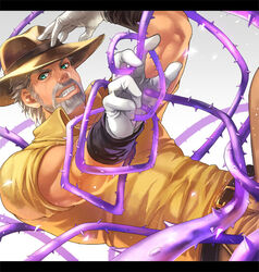  1boy aqua_eyes beard commentary_request facial_hair florakinesis gloves grey_hair hat hermit_purple ishiima_shiro jojo_no_kimyou_na_bouken joseph_joestar joseph_joestar_(old) letterboxed male_focus plant solo stand_(jojo) stardust_crusaders thorns vines white_gloves 