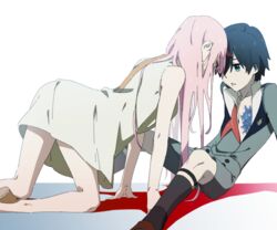  1boy bad_id bad_twitter_id black_hair blue_eyes commentary couple darling_in_the_franxx face-to-face female highres hiro_(darling_in_the_franxx) horns leje39 long_hair looking_at_viewer military military_uniform necktie nightgown open_clothes pink_hair red_necktie scarf sitting straight uniform white_nightgown zero_two_(darling_in_the_franxx) 