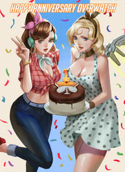  1950s_(style) 2girls anniversary blonde_hair blue_eyes brown_hair cake candle cleavage_cutout clothing_cutout commentary cruiser_d.va d.va_(overwatch) denim earrings english_commentary english_text food hair_ribbon hoop_earrings jeans jewelry john_law_bc mercy_(overwatch) multiple_girls overwatch overwatch_1 pants photoshop_(medium) polk polka_dot ribbon wings 