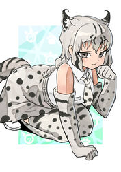  animal_ears bare_shoulders black_hair blush bobcat_(kemono_friends) braid cat_ears cat_tail commentary_request ear_tufts female gloves grey_hair highres japari_symbol kemono_friends miniskirt momosuke_(ishakry) multicolored_hair necktie patterned_background paw_print paw_print_background sitting skirt solo tail thighhighs two-tone_hair white_background 