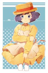  apron bad_id bad_pixiv_id blue_eyes commentary_request dress female hat honoboooono kaze_tachinu purple_hair satomi_naoko studio_ghibli 