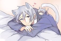  1boy animal_ears cat_ears cat_tail commentary_request dual_persona grey_eyes grey_hair idolmaster idolmaster_side-m looking_at_viewer male_focus mero_(starfish_jcs) sakaki_natsuki smile tail 