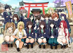  1boy 6+girls :d absurdres beret blonde_hair breasts brown_hair cleavage commentary_request crossdressing dark_skin drill_hair eating glasses green_eyes hair_over_one_eye hairband hat highres kneehighs kneeling large_breasts loafers long_hair looking_at_viewer mole mole_under_eye multiple_girls necktie okumori_boy open_mouth red_hair school_uniform shoes short_hair skirt smile socks squatting torii twin_drills twintails v white_legwear 