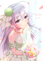  ahoge alternate_costume bare_shoulders blush bouquet braid bridal_veil bride commentary_request dress elbow_gloves female flower gloves grey_hair happy_birthday hoshi_syoko idolmaster idolmaster_cinderella_girls jewelry long_hair necklace purple_eyes rose single_braid smile solo udon_(memai_no_kabe) veil very_long_hair wedding wedding_dress white_dress white_gloves 