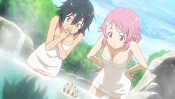  2girls black_hair blue_eyes breasts cleavage collarbone covering_own_mouth game_cg hand_over_own_mouth hands_on_own_hips lisbeth_(sao) lisbeth_(sao-alo) medium_breasts multiple_girls naked_towel official_art outdoors partially_submerged philia_(sao) philia_(sao-alo) pink_eyes pink_hair pointy_ears short_hair sword_art_online sword_art_online:_lost_song towel wading 