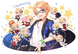  6+boys :3 ;) ;3 armband blonde_hair blue-framed_eyewear blush boombox chinese_clothes commentary_request cup ensemble_stars! glasses green_eyes happy_birthday heart holding_boombox index_finger_raised juugonichi_(wheeliex2) looking_at_viewer male_focus multiple_boys multiple_persona one_eye_closed open_mouth outstretched_arm photoshop_(medium) plate sash sky smile space star_(sky) star_(symbol) starry_sky teacup teapot yuuki_makoto_(ensemble_stars!) 