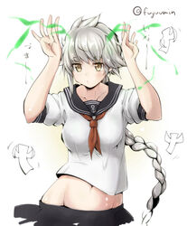  alternate_costume antlers braid caramelldansen commentary_request cosplay female fuyu_mi grey_hair groin horns inazuma_(kancolle) inazuma_(kancolle)_(cosplay) kantai_collection long_hair looking_at_viewer navel pouty_lips puffy_short_sleeves puffy_sleeves school_uniform serafuku shikigami short_sleeves simple_background single_braid solo unryuu_(kancolle) very_long_hair white_background yellow_eyes 