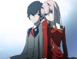  1boy bad_id bad_twitter_id black_hair blue_eyes commentary_request couple darling_in_the_franxx female green_eyes highres hiro_(darling_in_the_franxx) horns leje39 long_hair military military_uniform necktie orange_necktie pink_hair straight uniform zero_two_(darling_in_the_franxx) 