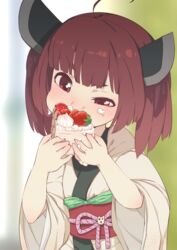  ahoge blush bob_cut brown_hair cake commentary_request cream eating female food food_on_face fruit headgear japanese_clothes kimono nose_blush obi red_eyes sash short_hair solo strawberry strawberry_shortcake touhoku_kiritan voiceroid white_kimono wide_sleeves yamadori_seika 