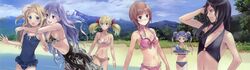  6+girls absurdres armpits astrid_zexis atelier_(series) atelier_rorona beach bikini black_hair blonde_hair blue_eyes breasts brown_hair casual_one-piece_swimsuit cleavage cuderia_von_feuerbach day flat_chest front-tie_top glasses green_eyes grey_sarong groin hair_ribbon highres hom_(atelier) kishida_mel lionela_heinze long_hair medium_breasts mountain multiple_girls navel one-piece_swimsuit open_mouth outdoors pamela_ibiss pink_bikini print_sarong purple_eyes purple_hair red_ribbon ribbon rororina_fryxell sarong sideboob swimsuit twintails white_ribbon 