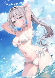  absurdres armpits arms_behind_head arms_up bikini blue_eyes blue_sky breasts cleavage closed_mouth cloud day female grey_hair hair_intakes halo highres hiuzawa_reira indie_virtual_youtuber long_hair looking_at_viewer medium_breasts navel outdoors pon_(ponidrop) second-party_source sideboob sky solo standing swimsuit thighs virtual_youtuber wading water_drop wet white_bikini 