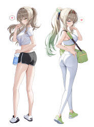  absurdres alternate_costume alternate_hairstyle bag bare_legs bare_shoulders black_hairband black_ribbon blonde_hair blush bottle breasts check_clothing closed_mouth clothing_request commentary dolphin_shorts duffel_bag female firefly_(honkai:_star_rail) full_body gradient_hair green_bag green_footwear green_hair hair_ribbon hairband hand_up heart highres holding holding_bottle honkai:_star_rail honkai_(series) kesa_pasa large_breasts leggings legs light_blush long_hair looking_at_viewer multicolored_hair pants ponytail ribbon shirt shoes shorts sidelocks simple_background smile sneakers solo spoken_heart sports_bra standing stelle_(honkai:_star_rail) sweat tied_shirt trailblazer_(honkai:_star_rail) twisted_torso water_bottle wet wet_clothes wet_shirt white_background white_hair white_pants white_shirt white_sneakers white_sports_bra yellow_eyes 