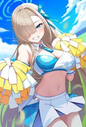  asuna_(blue_archive) blue_archive blue_eyes blush breasts cheerleader crop_top female hair_over_one_eye halo holding holding_pom_poms large_breasts light_brown_hair long_hair looking_at_viewer midriff millennium_cheerleader_outfit_(blue_archive) navel official_alternate_costume pleated_skirt pom_pom_(cheerleading) pom_pom_(clothes) sakura_ran shirt skirt smile solo very_long_hair white_shirt white_skirt 