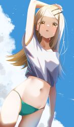  absurdres arm_up bikini bikini_under_clothes blonde_hair blue_sky cloud collarbone commentary day female gakuen_idolmaster green_bikini highres idolmaster long_hair looking_at_viewer minertime navel open_mouth orange_eyes shinosawa_hiro shirt short_sleeves sky standing sweat sweatdrop swimsuit t-shirt thighs white_shirt 