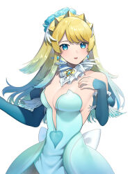  absurdres alternate_hair_length alternate_hairstyle aqua_dress bare_shoulders blonde_hair blue_eyes blue_hair breasts brooch center_opening cleavage detached_collar detached_sleeves dress earrings female fire_emblem fire_emblem_heroes fjorm_(fire_emblem) fjorm_(ice_tribe)_(fire_emblem) gradient_hair highres ikura_(downdexp) jewelry medium_breasts multicolored_hair official_alternate_costume signature simple_background smile solo strapless strapless_dress tiara two-tone_hair white_background 