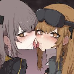  2girls blush brown_eyes brown_hair girls&#039;_frontline goggles goggles_on_head highres korean_commentary kyomu_123 long_hair looking_at_viewer multiple_girls open_mouth orange_eyes orange_hair portrait saliva simple_background tongue tongue_out ump45_(girls&#039;_frontline) ump45_(mod3)_(girls&#039;_frontline) ump9_(girls&#039;_frontline) ump9_(mod3)_(girls&#039;_frontline) yuri 