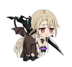  black_dress blonde_hair blush_stickers bound bound_wrists breasts brown_dust_2 chibi crying crying_with_eyes_open demon_tail demon_wings dress female forehead_tattoo full_body highres holding holding_sword holding_weapon holding_with_tail leaning_forward low_wings medium_breasts official_art prehensile_tail red_eyes samay_(brown_dust_2) simple_background solo strapless strapless_dress sword tail tears third-party_source transparent_background weapon wings 