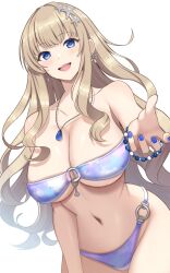  :d bare_arms bare_shoulders bead_bracelet beads bikini blonde_hair blue_bikini blue_eyes blue_gemstone blue_nails blush bracelet breasts cleavage collarbone commentary_request cowboy_shot dolphin_wave earrings female fingernails gem hair_ornament hand_on_own_thigh hand_up highres jewelry kirahoshi_kanna large_breasts long_hair looking_at_viewer multicolored_bikini multicolored_clothes nail_polish navel necklace o-ring o-ring_bikini o-ring_bottom o-ring_top open_mouth paid_reward_available pendant pink_background purple_background reaching reaching_towards_viewer sidelocks simple_background smile solo standing star_(symbol) star_hair_ornament stomach strapless strapless_bikini surippa1010 swimsuit teeth underboob upper_teeth_only very_long_hair wavy_hair white_background white_bikini 