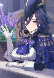  ascot black_corset blue_capelet blue_hair blue_hat blurry blurry_background blush breasts button_gap capelet clorinde_(genshin_impact) closed_mouth commentary_request corset dark_blue_hair epaulettes female flower fold-over_gloves framed_breasts genshin_impact hair_between_eyes hal_aluha hat hat_feather highres large_breasts long_hair_between_eyes looking_at_viewer outdoors purple_ascot purple_eyes shirt smile solo taut_clothes taut_shirt tricorne upper_body waving 