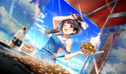  ;d bag beach beach_house bikini black_hair blue_overalls cinderella_series cloud cooking dutch_angle female food game_cg griddle hachigatsu_no_cinderella_nine hair_up highres holding holding_food holding_spatula light_rays long_hair looking_ahead nagai_kanako non-web_source ocean official_alternate_hairstyle official_art one_eye_closed open_mouth overalls plastic_bag plastic_bottle purple_eyes single_sidelock smile solo sparkle spatula standing strap_slip striped_bikini striped_clothes sunbeam sunlight sweat swimsuit yakisoba 