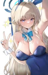  alternate_breast_size arm_up armpits bare_shoulders blonde_hair blue_archive blue_bow blue_bowtie blue_eyes blue_halo blue_leotard blue_nails blush bow bowtie breasts cleavage commentary_request detached_collar female fingernails hairbow halo highres jihua_tong large_breasts leotard long_hair looking_at_viewer nail_polish simple_background solo strapless strapless_leotard toki_(blue_archive) toki_(bunny)_(blue_archive) upper_body v white_background white_wrist_cuffs wrist_cuffs 