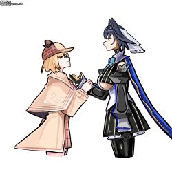  2girls absurdres artist_name black_gloves blaparky blonde_hair blue_capelet blue_eyes blue_hair breasts brown_capelet capelet clothing_cutout commentary cropped_legs dark_blue_hair deerstalker english_commentary eye_contact from_side gloves hair_intakes hat height_difference highres holding holding_pocket_watch hololive hololive_english large_breasts long_sleeves looking_at_another multiple_girls ouro_kronii ouro_kronii_(1st_costume) pocket_watch power_connection profile short_hair simple_background underboob underboob_cutout virtual_youtuber watch watermark watson_amelia watson_amelia_(1st_costume) white_background 