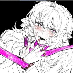  blood blood_from_mouth blood_on_hands blush bow crying e.g.o_(project_moon) female freckles greyscale hairband hairbow hands_up highres ishmael_(project_moon) limbus_company monochrome open_mouth pink_pupils project_moon rope roseate_desire_(e.g.o) smile solo spot_color zygyzy_031 