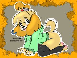  animal_crossing autumn barefoot clothing ear_piercing ear_ring fabian_zibb_(artist) feet hoodie invalid_tag isabelle_(animal_crossing) legwear nintendo piercing ring_piercing seasonal stockings topwear 