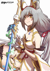  animal_ear_fluff animal_ears bare_shoulders breasts cat_ears cleavage closed_mouth facial_mark female gari gloves grey_hair highres holding holding_sword holding_weapon leotard long_hair looking_at_viewer nia_(blade)_(xenoblade) nia_(xenoblade) small_breasts smile solo sword twitter_username very_long_hair weapon white_background white_gloves white_leotard xenoblade_chronicles_(series) xenoblade_chronicles_2 yellow_eyes 