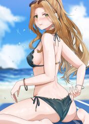  absurdres ass beach bikini black_bikini breasts brown_hair day earrings eyewear_on_head female green_eyes highres idolmaster idolmaster_million_live! izuminnu jewelry large_breasts long_hair looking_at_viewer looking_back nikaidou_chizuru ocean outdoors ponytail sand side-tie_bikini_bottom sideboob sitting solo sunglasses swimsuit wariza 