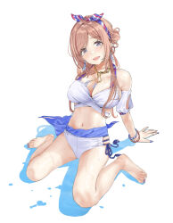  arm_support bare_legs barefoot bikini blue_eyes blue_nails blush breasts brown_hair cleavage commentary feet female fingernails gakuen_idolmaster hair_ribbon hamedoragon head_tilt highres himesaki_rinami idolmaster jewelry kimi_to_semi_blue_(idolmaster) large_breasts long_hair looking_at_viewer nail_polish navel necklace revision ribbon side-tie_bikini_bottom sitting smile solo swimsuit toenail_polish toenails toes very_long_hair wariza white_background white_bikini 