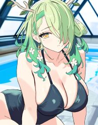  antlers arm_support black_one-piece_swimsuit braid braided_bangs branch breasts ceres_fauna cleavage collarbone danimocles earrings english_commentary eyelashes female flower green_hair hair_branch hair_flower hair_ornament hair_over_one_eye highres hololive hololive_english horns indoors jewelry large_breasts leaning_forward long_hair looking_at_viewer mole mole_under_eye multicolored_hair one-piece_swimsuit parted_lips pool shiny_clothes skindentation solo strap swimsuit tree_horns upper_body virtual_youtuber yellow_eyes 