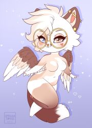  anthro blue_eyes breasts brown_wings chibi ear_piercing eyelashes eyewear facial_piercing feathered_wings feathers featureless_breasts female full-length_portrait glasses hair heterochromia hi_res industrial_piercing multicolored_hair multiple_piercings navel nose_piercing nude orange_body orange_eyes orange_hair orange_wings piercing portrait round_glasses septum_piercing solo standing tiggybloom two_tone_hair white_body white_hair white_wings wings 