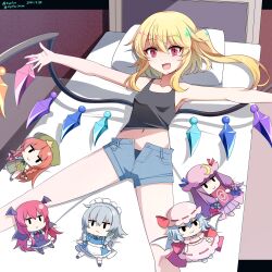  absurdres alternate_costume blonde_hair character_doll character_request crop_top denim denim_shorts female flandre_scarlet hebitsukai-san highres hong_meiling izayoi_sakuya koakuma long_hair lying multiple_girls navel on_back on_bed open_mouth patchouli_knowledge red_eyes remilia_scarlet shorts side_ponytail touhou 